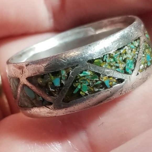 Relisted -vintage inlay ring crushed stone silver tone 8.75  8 3/4 - Picture 4 of 16